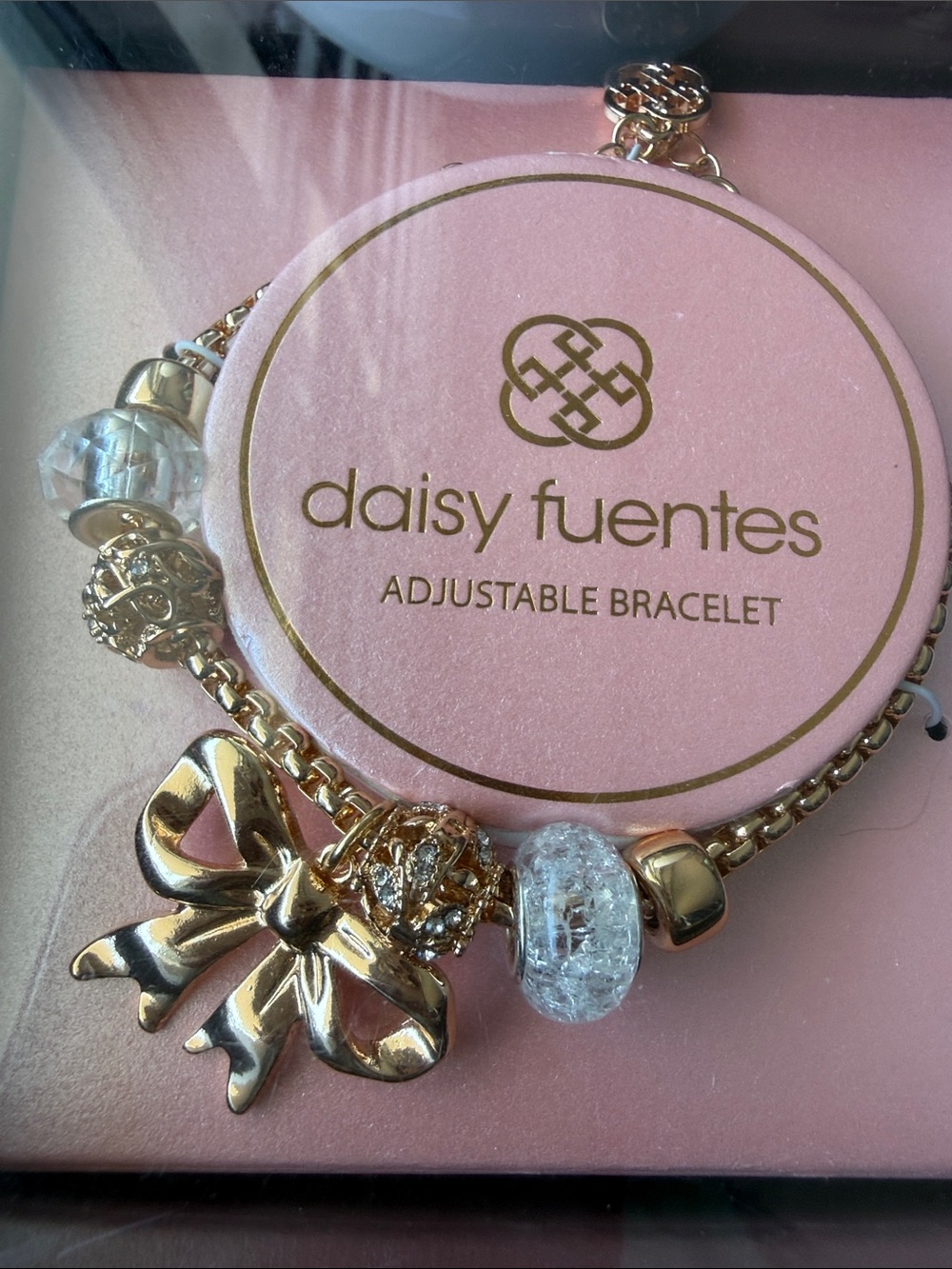 Daisy Fuentes GoldTone Bow Charm Adjustable Bracelet - Pink Accent - Picture 2 of 3